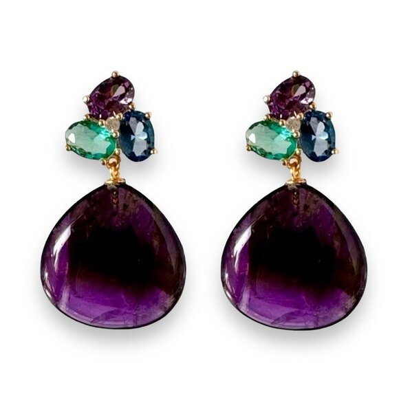 NWT Statement Amethyst Drop Earrings Teardrop 18K Plated Crystal Accents Event - Picture 1 of 11